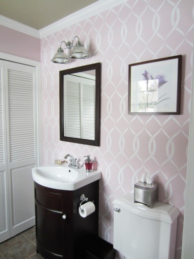 A DIY stenciled pink bathroom using the Entwined Allover Stencil from Cutting Edge Stencils. http://www.cuttingedgestencils.com/stencil-pattern-2.html