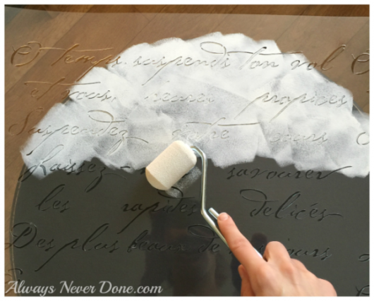 Stenciling a DIY wooden table using the French Poem Craft Stencil from Cutting Edge Stencils. French Poem Craft Stencil from Cutting Edge Stencils. http://www.cuttingedgestencils.com/french-poem-diy-craft-stencil-design.html