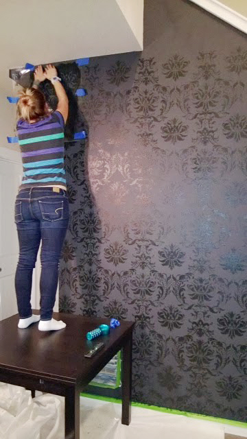 Stenciling a DIY accent wall using the Gabrielle Damask Stencil from Cutting Edge Stencils. http://www.cuttingedgestencils.com/damask-stencil-3.html