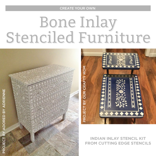 Cutting Edge Stencils shares DIY stenciled furniture makeovers using the Indian Inlay Stencil kit for a bone inlay look. http://www.cuttingedgestencils.com/indian-inlay-stencil-furniture.html