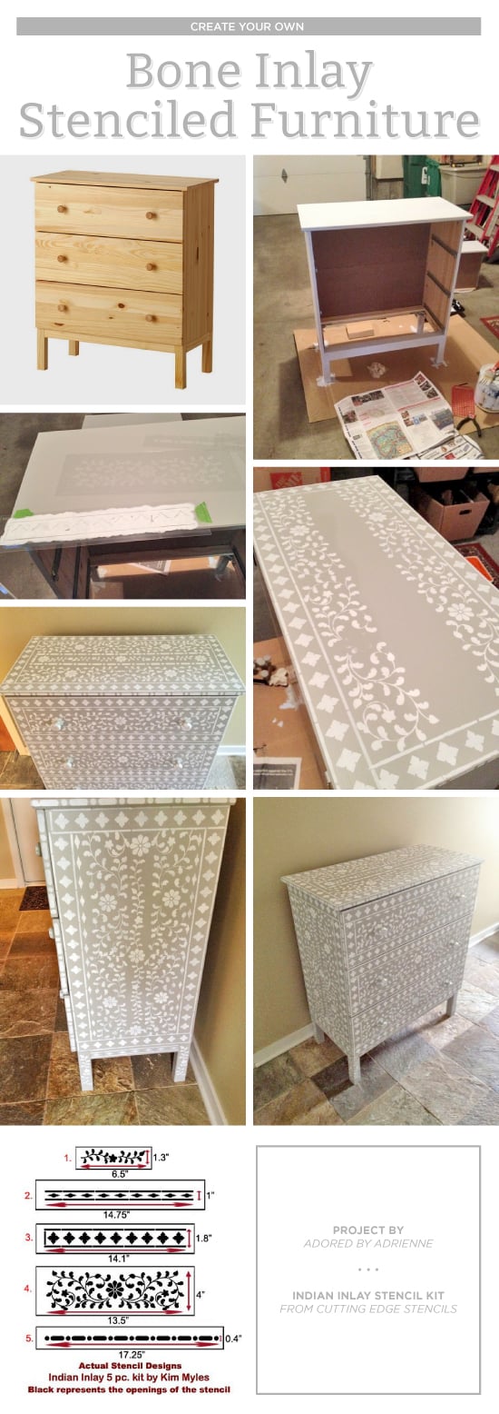 Cutting Edge Stencils shares DIY stenciled dresser makeover using the Indian Inlay Stencil kit for a bone inlay look. http://www.cuttingedgestencils.com/indian-inlay-stencil-furniture.html