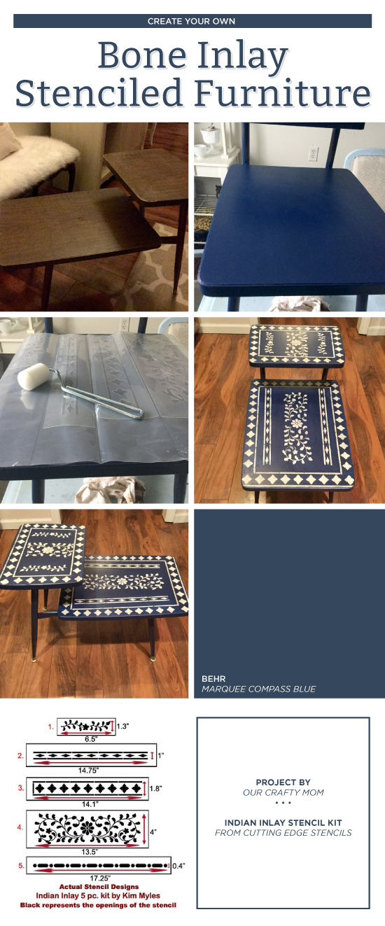 Cutting Edge Stencils shares DIY stenciled furniture makeovers using the Indian Inlay Stencil kit for a bone inlay look. http://www.cuttingedgestencils.com/indian-inlay-stencil-furniture.html