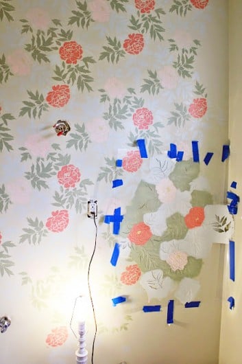 Learn how to stencil a DIY bathroom using the Japanese Peonies Allover Stencil from Cutting Edge Stencils. http://www.cuttingedgestencils.com/japanese-peonies-floral-stencil-pattern.html