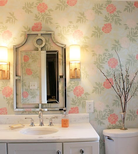 A DIY stenciled bathroom using the Japanese Peonies Allover Stencil from Cutting Edge Stencils. http://www.cuttingedgestencils.com/japanese-peonies-floral-stencil-pattern.html