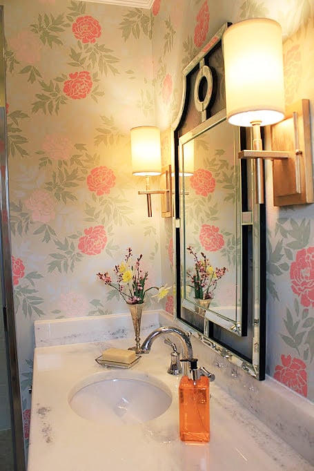 A DIY stenciled bathroom using the Japanese Peonies Allover Stencil from Cutting Edge Stencils. http://www.cuttingedgestencils.com/japanese-peonies-floral-stencil-pattern.html