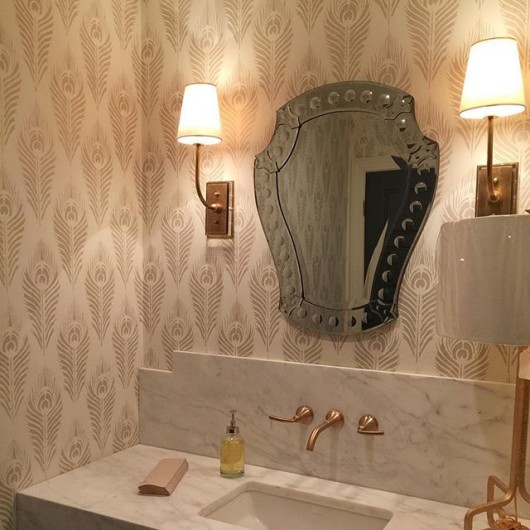 A DIY stenciled bathroom using the Peacock Feather Allover Stencil from Cutting Edge Stencils for a wallpaper look. http://www.cuttingedgestencils.com/peacock-feather-wall-stencil-pattern.html