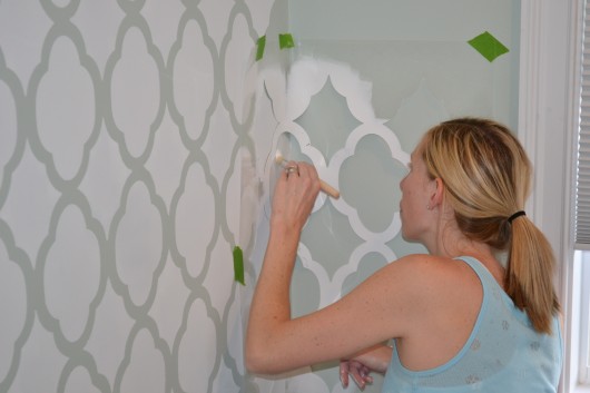 A DIY stenciled accent wall in a nursery using the Rabat Allover Stencil from Cutting Edge Stencils. http://www.cuttingedgestencils.com/moroccan-stencil-pattern-3.html