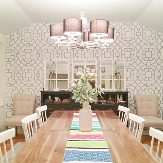 A DIY accent wall in a dining room using the Tea House Trellis Stencil from Cutting Edge Stencils. http://www.cuttingedgestencils.com/tea-house-trellis-allover-stencil-pattern.html