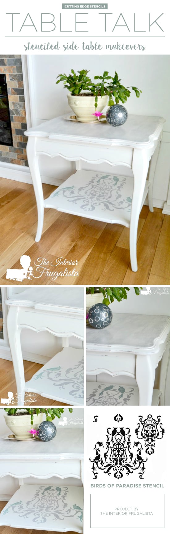 A DIY painted and stenciled side table makeover using the Birds of Paradise Stencil. http://www.cuttingedgestencils.com/birds-pattern-stencil.html