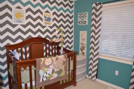 A DIY stenciled nursery accent wall using the Chevron Allover Stencil from Cutting Edge Stencils. http://www.cuttingedgestencils.com/chevron-stencil-pattern.html