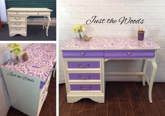 A DIY stenciled desk using the Paisley Craft Stencil from Cutting Edge Stencils. http://www.cuttingedgestencils.com/paisley-pattern-craft-stencils-for-home-decor-projects.html