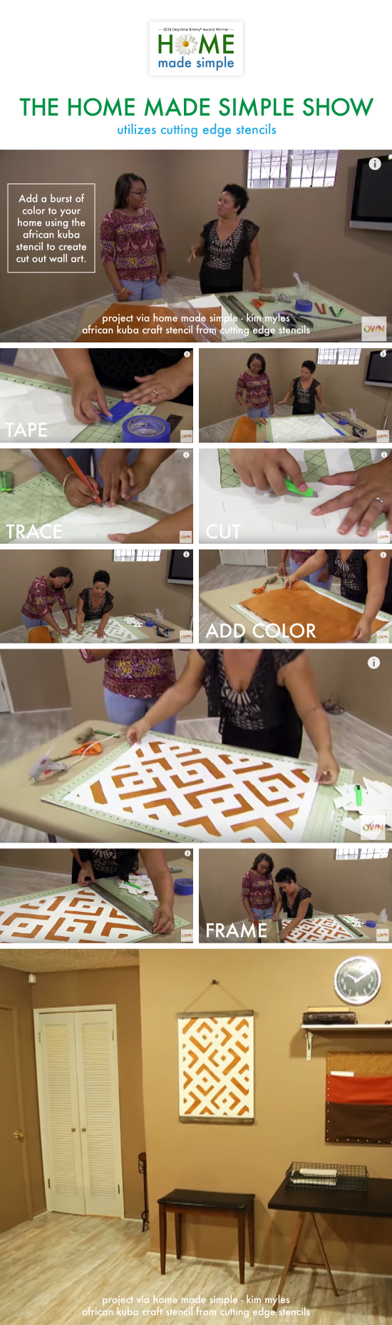 The Oprah Network's Home Made Simple Show features Kim Myles using the African Kuba Craft Stencil to create DIY wall art. http://www.cuttingedgestencils.com/kuba-stencil-pattern-stencils.html
