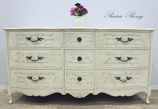 A DIY stenciled dresser using the French Poem Craft Stencil from Cutting Edge Stencils. http://www.cuttingedgestencils.com/french-poem-diy-craft-stencil-design.html