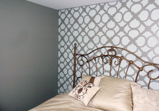 A DIY stenciled bedroom accent wall using the Hand Forged Allover Stencil from Cutting Edge Stencils. http://www.cuttingedgestencils.com/hgtv-stencil.html