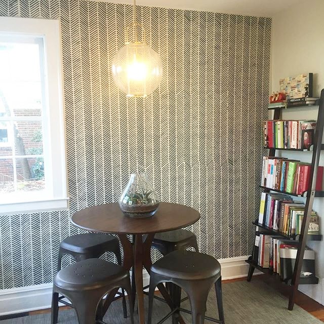 A DIY stenciled accent wall using the Herringbone Stitch Allover Stencil from Cutting Edge Stencils. http://www.cuttingedgestencils.com/herringbone-stitch-allover-pattern-wall-stencil.html