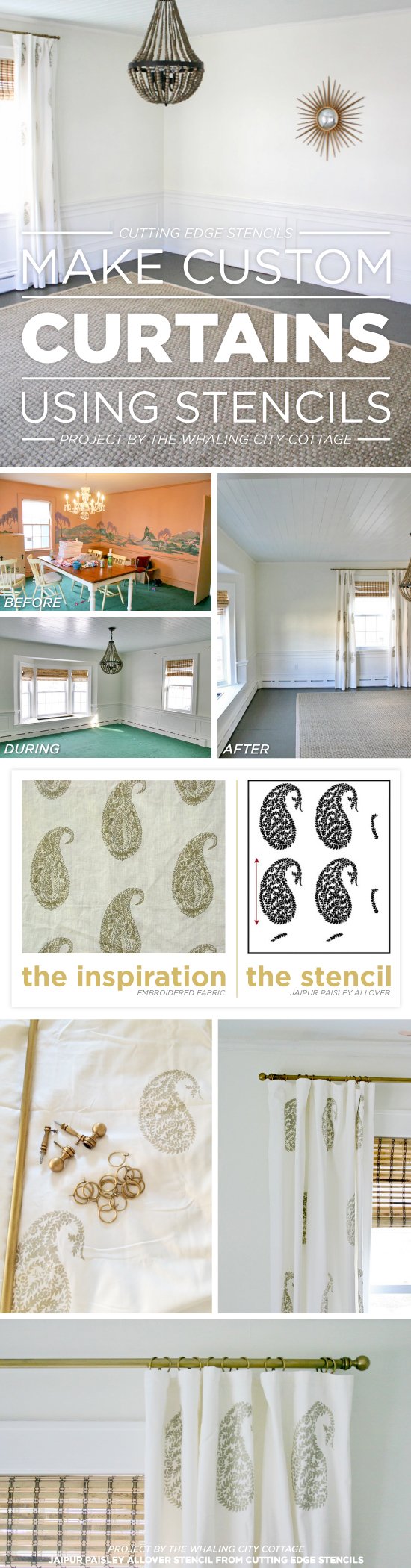 Cutting Edge Stencils shares how to add stenciled pattern to plain Ikea curtains using the Jaipur Paisley Stencil. http://www.cuttingedgestencils.com/indian-paisley-stencil-wall-stencils-pattern.html