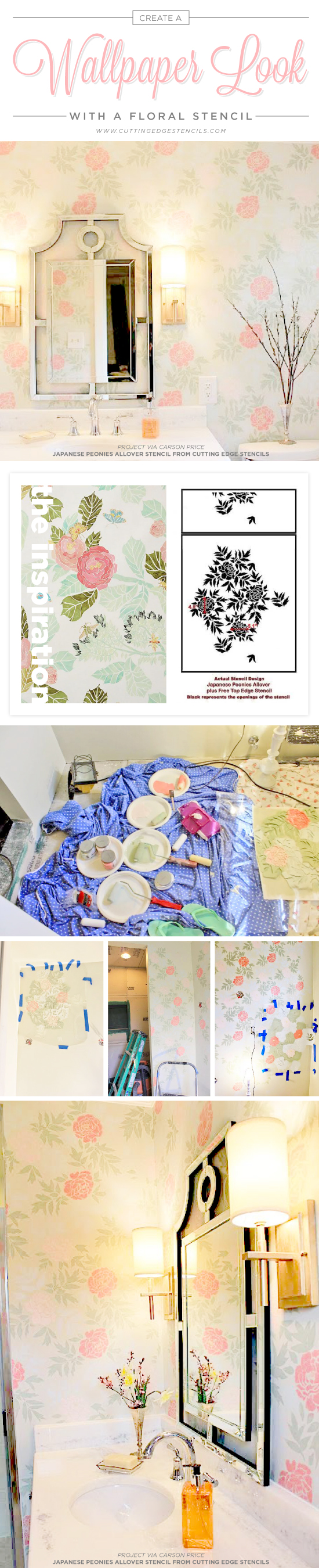 Cutting Edge Stencils shares a DIY stenciled bathroom using the Japanese Peonies Allover Stencil for a wallpaper look. http://www.cuttingedgestencils.com/japanese-peonies-floral-stencil-pattern.html