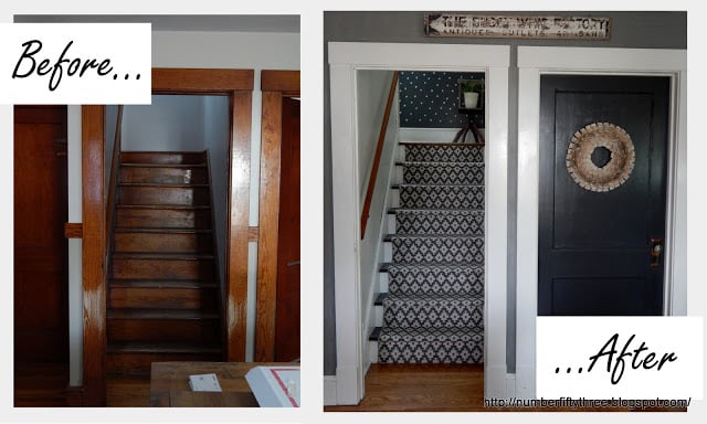 A before and after of a DIY stenciled stairway using the Little Diamonds Allover Stencil from Cutting Edge Stencils. http://www.cuttingedgestencils.com/little-diamonds-pattern-stencil-for-walls.html