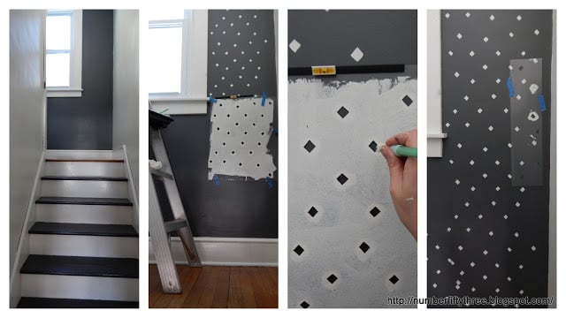 A stencil tutorial on how to stencil a stairway hallway using the Little Diamonds Allover Stencil from Cutting Edge Stencils. http://www.cuttingedgestencils.com/little-diamonds-pattern-stencil-for-walls.html