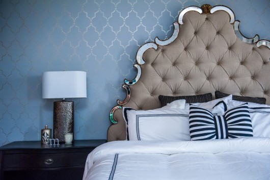 A DIY stenciled blue bedroom accent wall using the Marrakech Trellis Stencil from Cutting Edge Stencils. marrakech-trellis-stencil-diy-stenciled-blue-bedroom