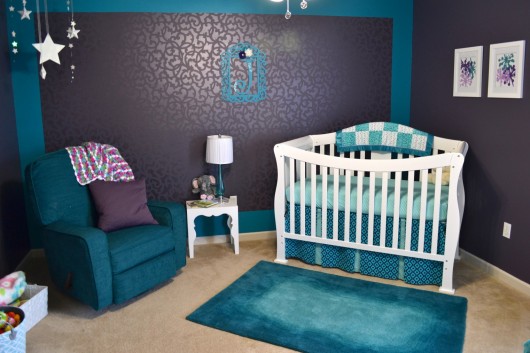 A DIY stenciled nursery accent wall using the Venetian Scroll Stencil from Cutting Edge Stencils. http://www.cuttingedgestencils.com/venetian-scroll-allover-stencil-pattern.html