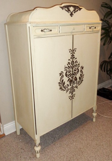 A DIY stenciled furniture using the Verde Damask Stencil from Cutting Edge Stencils. http://www.cuttingedgestencils.com/damask-stencil-wallpaper.html