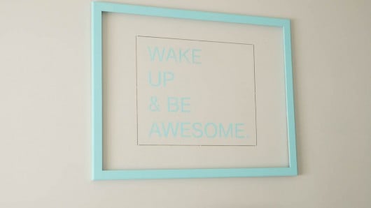 A DIY stenciled wall art using the Wake Up and Be Awesome Stencil from Cutting Edge Stencils. http://www.cuttingedgestencils.com/be-awesome-DIY-wall-quote-stencil.html