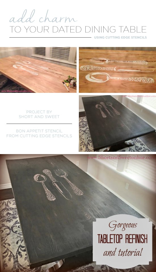 A DIY stenciled dining table makeover using the Bon Appetit Stencil from Cutting Edge Stencils. http://www.cuttingedgestencils.com/large_stencils_wall.html