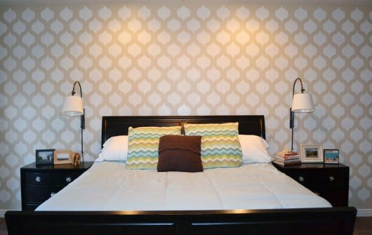 A DIY stenciled master bedroom accent wall using the Cascade Allover Stencil from Cutting Edge Stencils. http://www.cuttingedgestencils.com/cascade-allover-stencil-pattern.html