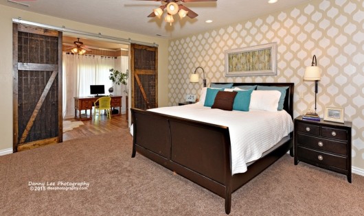 A DIY stenciled master bedroom accent wall using the Cascade Allover Stencil from Cutting Edge Stencils. http://www.cuttingedgestencils.com/cascade-allover-stencil-pattern.html