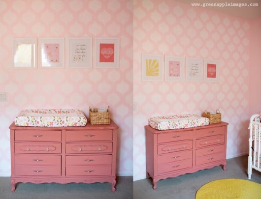 A DIY stenciled pink nursery using the Cascade Allover Stencil from Cutting Edge Stencils. http://www.cuttingedgestencils.com/cascade-allover-stencil-pattern.html