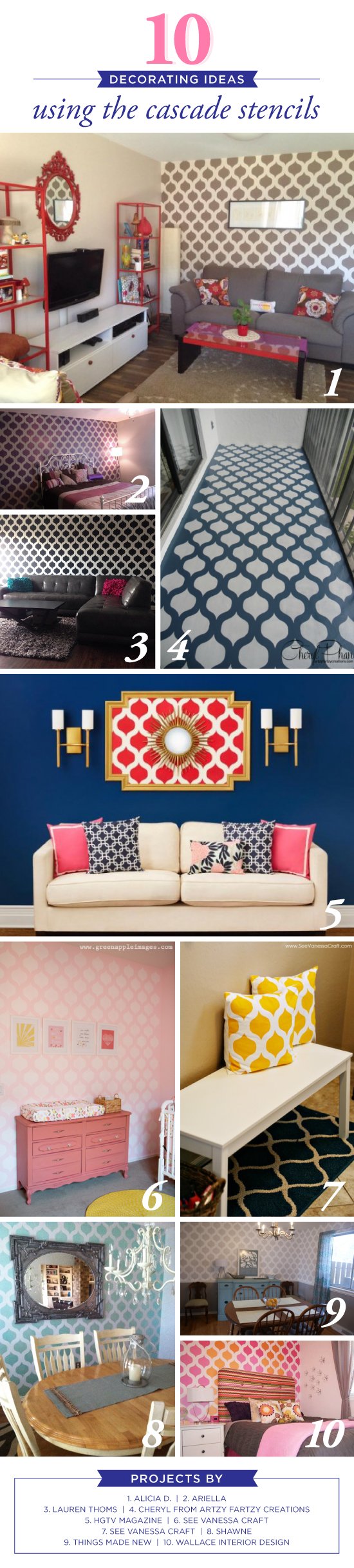 Cutting Edge Stencils shares ten DIY home decorating ideas using the Moroccan Cascade Stencil patterns. http://www.cuttingedgestencils.com/cascade-allover-stencil-pattern.html