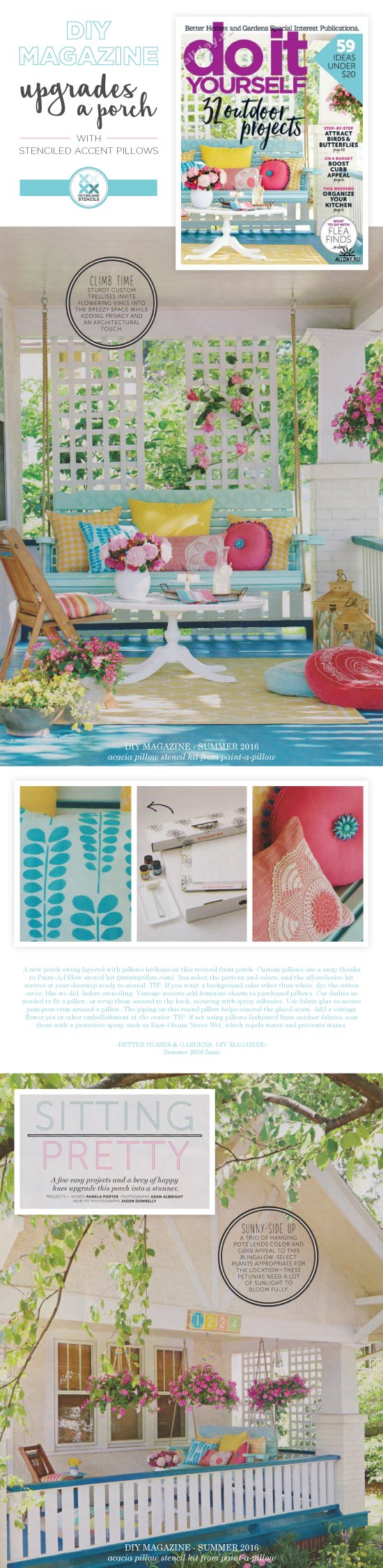 Cutting Edge Stencils is featured on the cover of the Summer 2016 issue of Do It Yourself Magazine from BHG. http://www.cuttingedgestencils.com/acacia-stencil-paint-a-pillow-kit.html