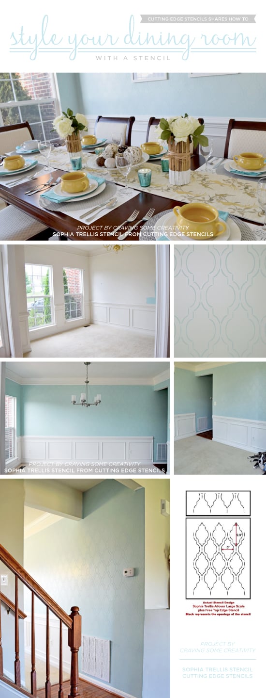 Cutting Edge Stencils shares a DIY stenciled dining room makeover using the Sophia Trellis Stencil. http://www.cuttingedgestencils.com/sophia-trellis-stencil-geometric-wall-pattern.html