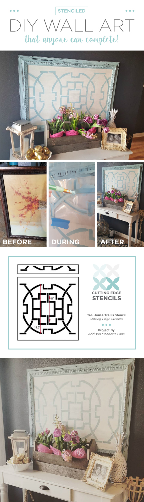 Cutting Edge Stencils shares a tutorial on how to make DIY wall art using an old canvas and the Tea House Trellis Stencil. http://www.cuttingedgestencils.com/tea-house-trellis-allover-stencil-pattern.html