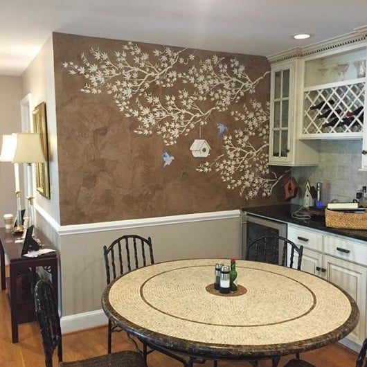A DIY stenciled kitchen accent wall using the Japanese Maple Branch Stencil from Cutting Edge Stencils. http://www.cuttingedgestencils.com/branch-stencil.html