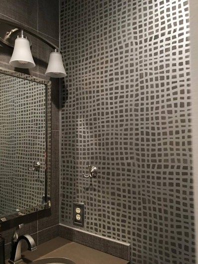 A DIY metallic stenciled bathroom using the Mesh Allover Stencil from Cutting Edge Stencils. http://www.cuttingedgestencils.com/mesh-contemporary-stencil-grid-pattern.html