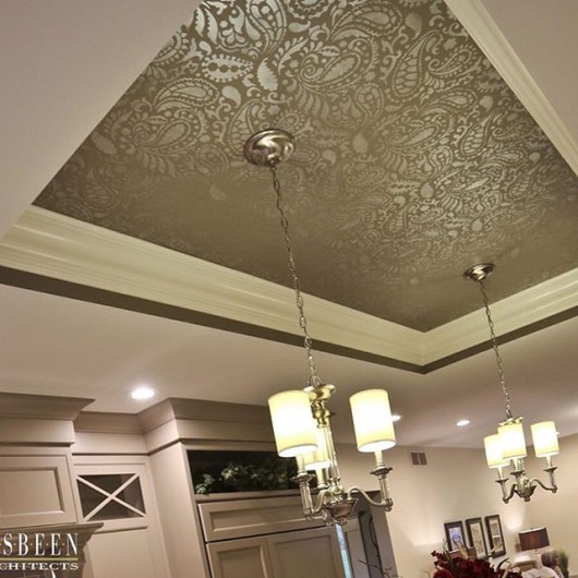 A metallic stenciled ceiling using the Paisley Allover Stencil from Cutting Edge Stencils. http://www.cuttingedgestencils.com/paisley-allover-stencil.html