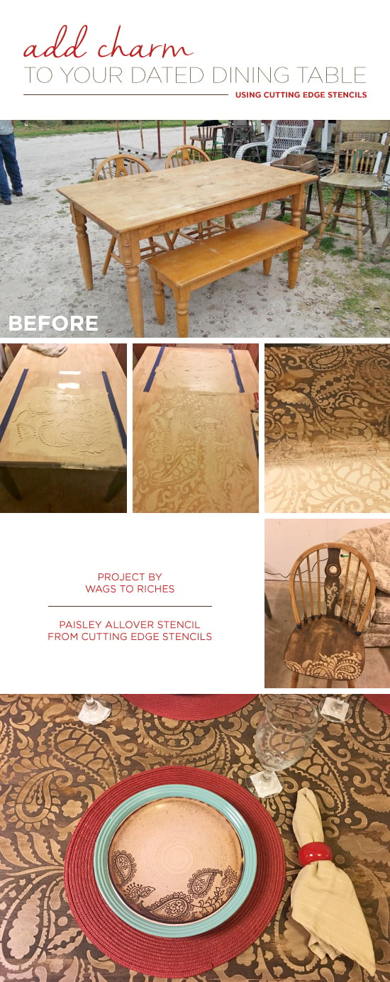 A DIY stenciled dining table makeover using the Paisley Allover Stencil from Cutting Edge Stencils. http://www.cuttingedgestencils.com/paisley-allover-stencil.html