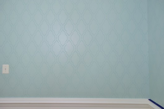 A DIY stenciled accent wall in a dining room using the Sophia Trellis Allover Stencil from Cutting Edge Stencils. http://www.cuttingedgestencils.com/sophia-trellis-stencil-geometric-wall-pattern.html