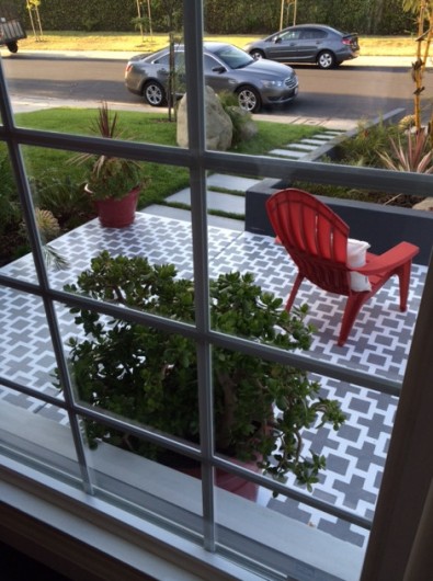 A DIY stenciled front patio using the Square Plus Allover Stencil from Cutting Edge Stencils. http://www.cuttingedgestencils.com/geometric-stencil-pattern-square.html