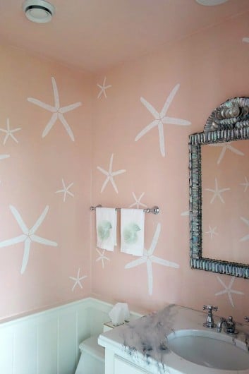 A DIY stenciled nautical bathroom using the Starfish Wall Stencil from Cutting Edge Stencils. http://www.cuttingedgestencils.com/starfish-stencil-beach-decor.html