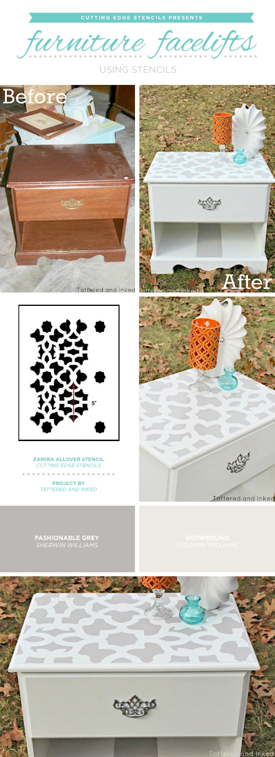 Cutting Edge Stencils shares how to easily makeover old furniture using paint and the Zamira Furniture Stencil. http://www.cuttingedgestencils.com/craft-stencil-zamira.html