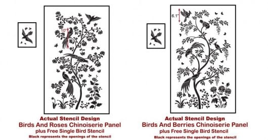The Birds and Berries Chinoiserie Wall Mural Stencil from Cutting Edge Stencils is a DIY wall pattern that recreates the Chinoiserie wallpaper look. http://www.cuttingedgestencils.com/chinoiserie-stencil-mural-wall-design-wallpaper.html