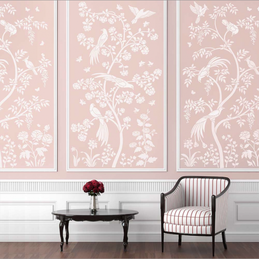The Birds and Roses Chinoiserie Wall Mural Stencil from Cutting Edge Stencils is a DIY wall pattern that recreates the Chinoiserie wallpaper look. http://www.cuttingedgestencils.com/chinoiserie-wall-stencil-mural-panel-asian-design.html