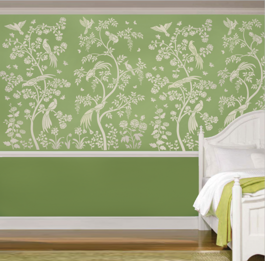 The Birds and Berries Chinoiserie Wall Mural Stencil from Cutting Edge Stencils is a DIY wall pattern that recreates the Chinoiserie wallpaper look. http://www.cuttingedgestencils.com/chinoiserie-stencil-mural-wall-design-wallpaper.html