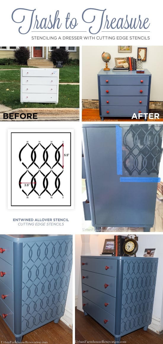 A DIY blue stenciled dresser using the Entwined Furniture Stencil from Cutting Edge Stencils. http://www.cuttingedgestencils.com/entwined-geometric-stencil-pattern.html