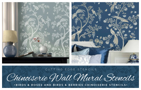 Chinoiserie Chic has never been easier to achieve than with our new gorgeous stencil collection, the Birds and Roses Chinoiserie Wall Mural Stencil and Birds and Berries Chinoiserie Wall Mural Stencil. http://www.cuttingedgestencils.com/chinoiserie-wall-stencil-mural-panel-asian-design.html