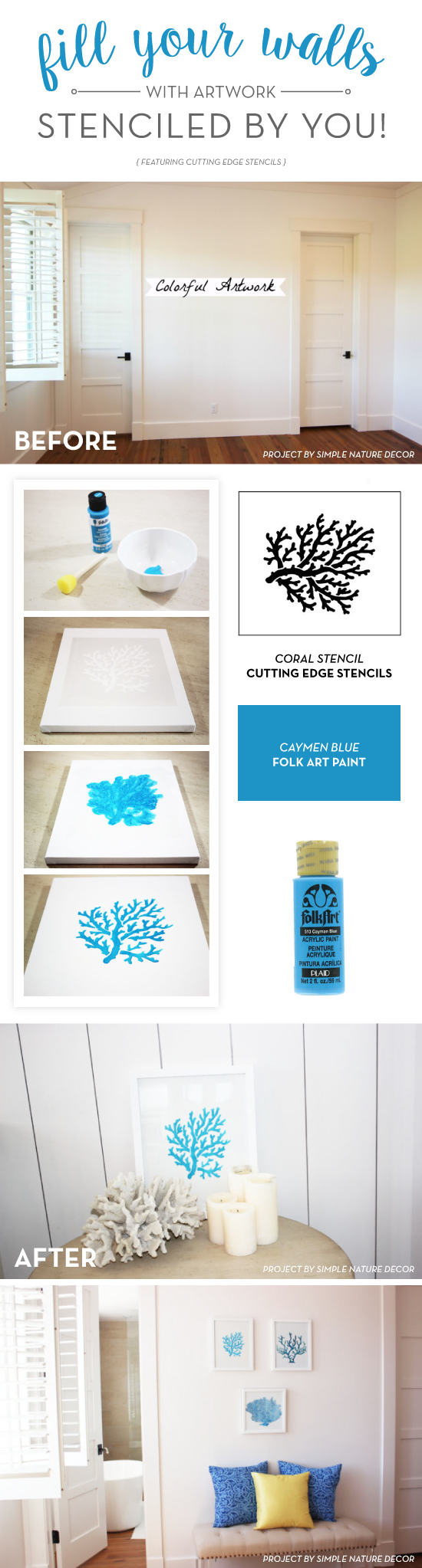 Cutting Edge Stencils shares how to stencil DIY artwork for your blank walls using craft stencils. http://www.cuttingedgestencils.com/beach-style-decor-coral-stencil.html