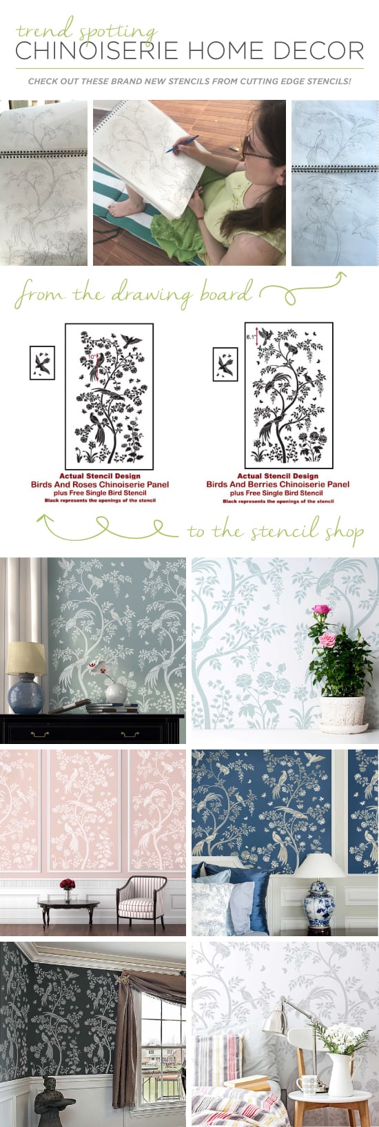 DIY Chinoiserie Wall Mural Panels from Cutting Edge Stencils achieve a wallpaper look. http://bit.ly/ChinoiserieStencils